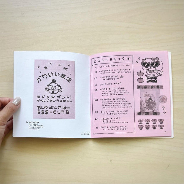 Open 2 page spread of zine featuring the table of contents and some doodle style illustrations and scanned in items.