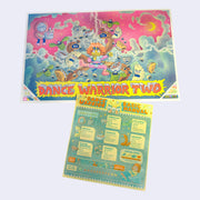 Bright colored risograph print of zany looking cartoon characters, in fighting poses. Text under it reads "Dance Warrior Two". Extra print with instructions comes with it.