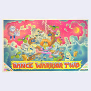 Bright colored risograph print of zany looking cartoon characters, in fighting poses. Text under it reads "Dance Warrior Two" 