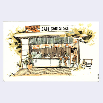 Marker illustration of an outdoor food stall, called "sari store" with a few customers at the counter.