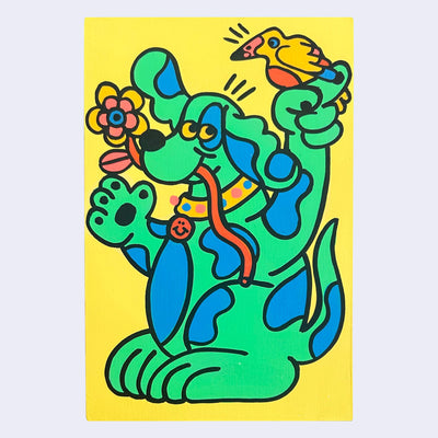 Cartoon style illustration on bright yellow background of a green dog with blue spots. It holds a flower in its mouth and has a bird perched on its finger.