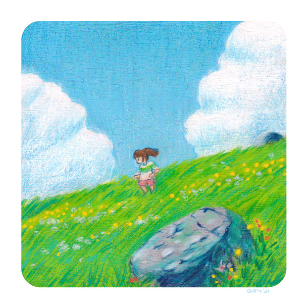 Illustration of a open, grassy hillside with yellow and blue wildflowers growing and blowing in the wind. Large white clouds are in the blue sky and a small girl with a ponytail runs down the hill, wearing a white shirt with a green stripe and pink shorts.