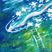 Illustration of a white and blue serpent like dragon, gliding through the sky over a large body of water with train tracks submerged underneath it with various greenery under water as well.