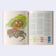 Open page book spread of Dreaming in Color, with one page featuring a fantasy style illustration of a willow tree with winding roots and many creatures all around. Second page has blocks of explanation text.