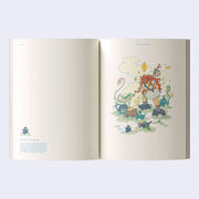 Open page book spread of Dreaming in Color, with one page featuring a fantasy style illustration of woman standing on teapots that float out of a bog with little frogs and clouds. Second page has a tiny paragraph of descriptor text.