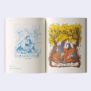 Open page book spread of Dreaming in Color, with one page featuring a fantasy style illustration of two trees with a large orange dragon in between the two. Second page has same illustration in only blue.