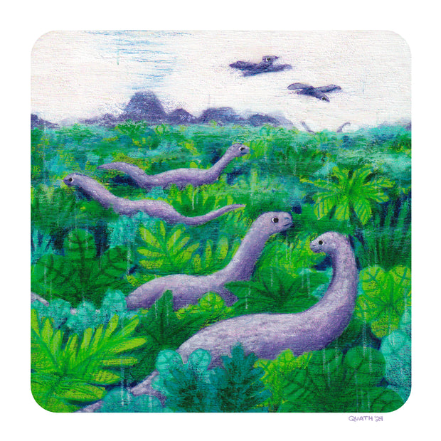 Colored pencil illustration of a lush jungle, seen from overhead. Several purple brachiosaurus dinosaurs roam the lands with 2 purple birds flying overhead.