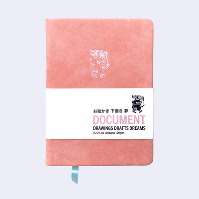 Peach colored pleather covered sketchbook with a small embossment of a robot carrying a flag that reads "Giant Robot" in the upper center. Paper sleeve reads "Document - Drawings Drafts Dreams"