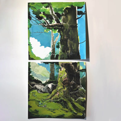 Diptych painting of a large trunked tree in a mossy forest with a bright blue sky in the background.