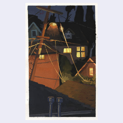 Plein air night scene painting of a neighborhood with an angled telephone pole with many wires. Yellow light comes from a lamppost and lights the scene.