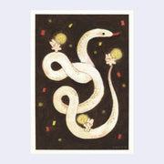 Colored pencil illustration of a white snake with its body twisted around itself. Small white bunny characters stand on different parts of the snake and hold up glowing sparklers. Background is black with red and yellow confetti. 