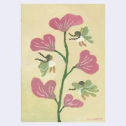 Painting of a pink flower, with 5 blossoms and a thin green stem. Around it fly small fairies with long braids and green moth wings.