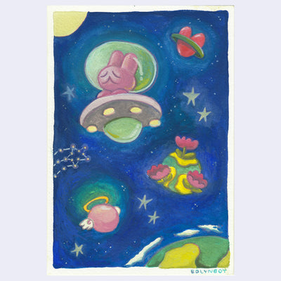 Painting of a blue starry sky with a pink bunny flying in a small space craft. Around are various planets: one shaped like a heart, one with wings and a halo and one blooming large flowers.