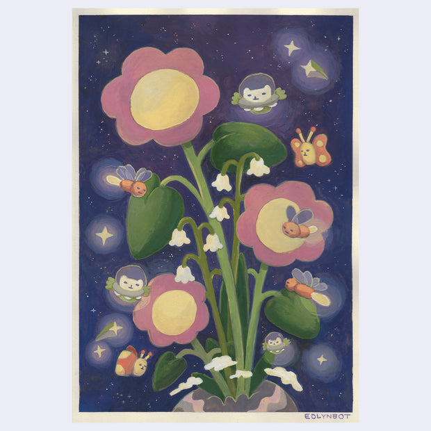 Painting of a bouquet of large flowers sprouting out of a rounded mass. Orange lightening bugs fly around with shooting stars and a night sky in the background.