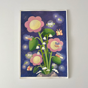 Painting of a bouquet of large flowers sprouting out of a rounded mass. Orange lightening bugs fly around with shooting stars and a night sky in the background.