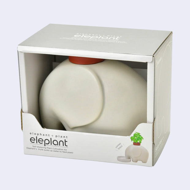  A smooth, white ceramic modern looking elephant with a pot on its head, encased in a white cardboard box that reads "elephant + plant Eleplant" on it with product description.