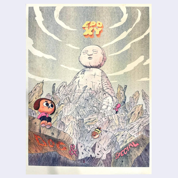 Risograph print of a cute cartoon dog character, sitting on a rock ledge. In the background is a large baby made out of rocks.