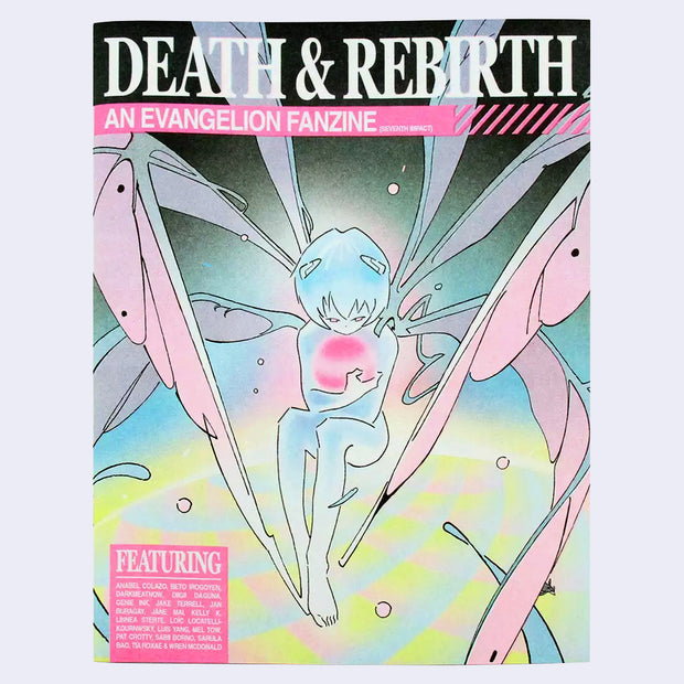 Risograph printed cover for a Evangelion themed fanzine, with an illustration of a fairy with many sharp, thin wings. She is slightly curled into herself and holds a pink orb.