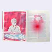 Open spread, 2 page excerpt of a fanzine dedicated to Evangelion printed in red and blue ink. One page features an illustration of a person sitting in front of a swirling whirlpool of sorts. The other page is full of text with an overlay illustration of a girl looking down and saying "pathetic"