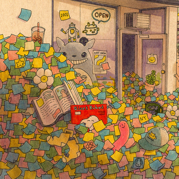 Detail shot: a sea of colorful, mostly blank post-it notes in front of the open door of a store. A large cut out of Totoro is in the store window and various magazines and merch are atop the post it notes.