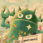 A large teal Big Boss Robot figure, standing with its arms up at its sides. A cartoon daisy is atop its head and a calico cat rests on its arm.