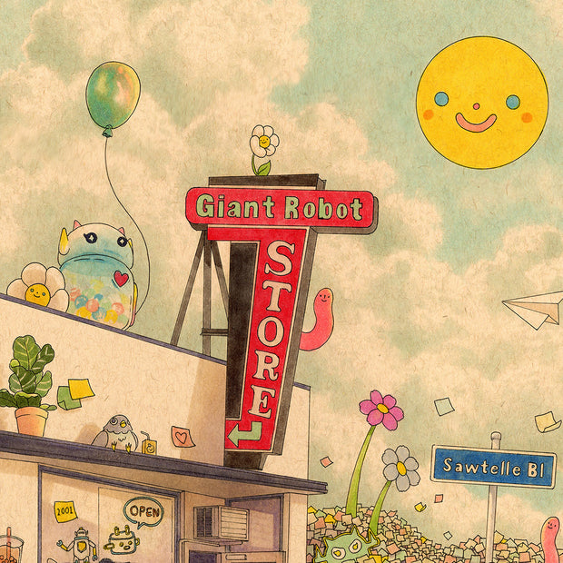 Detail shot: a large neon sign coming out the side of a building for Giant Robot Store, mostly red. A colorful chibi version of Big Boss Robot stands on the roof with a balloon. A smiling cartoon sun hangs in the sky.