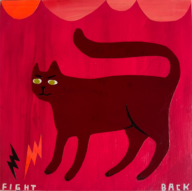 Bright pinkish red background with a cut out cat, dark red, with a cartoonish expression of slightly angry eyebrows and a semi straight mouth. Small lightning bolts are in the bottom left corner and small text reads "fight back" at the bottom.