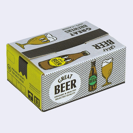 Small cardboard box made to look like a shipping package for beer, with small illustrations of beer bottles and pints on the side.