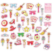 40 different holographic illustrated stickers themed around magical girls, such as cards, wands, clothing, and accessories.