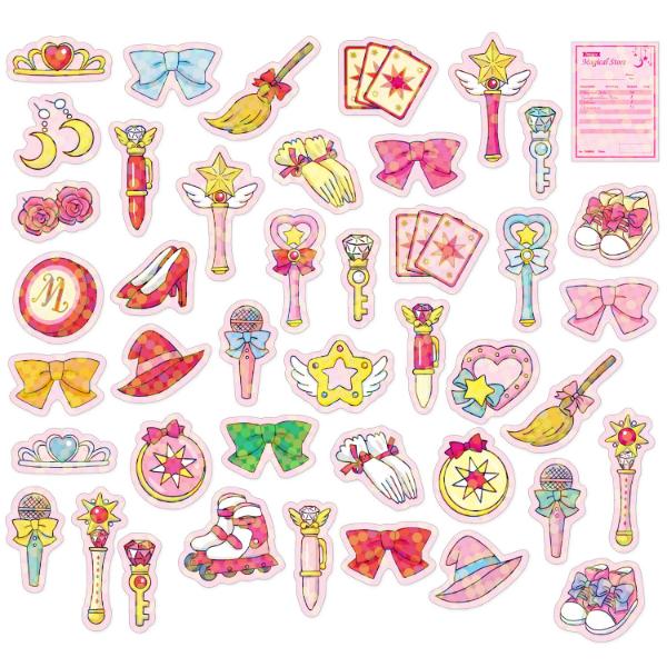 40 different holographic illustrated stickers themed around magical girls, such as cards, wands, clothing, and accessories.