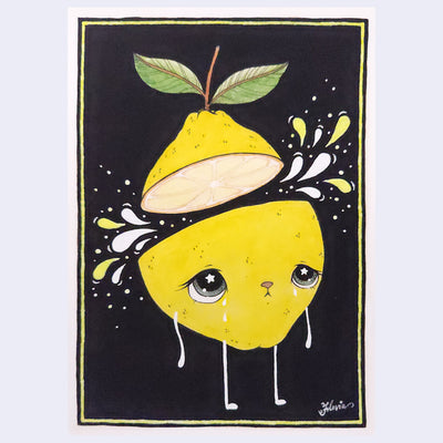 Illustration of a lemon, sliced in half laterally. It has a cute crying face and very thin limbs. Background is black with a yellow outline.