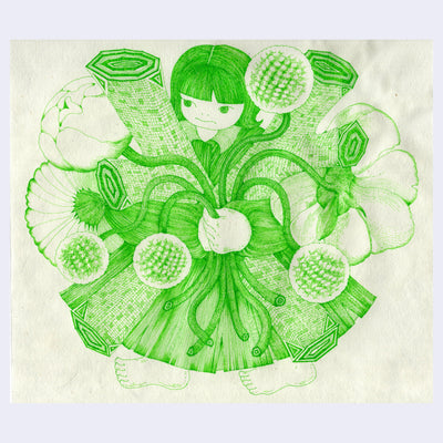 Green ink illustration of a girl wearing a dress and holding a bouquet of large unruly flowers and various rugs.