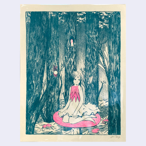 Pink and teal risograph print of a girl sitting atop of a pink mushroom in a dense forest, with very tall tree trunks.