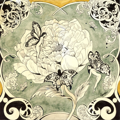 Illustration of a large blooming flower with 3 nude fairies flying around it, all with elaborate butterfly wings. Intricate floral and swirl designs frame the scene. Colors are cream, sage green, gold and black.