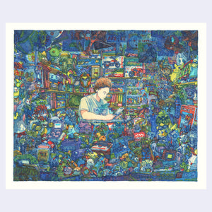 Illustration of a very busy game shop setting, overflowing with small toys, trinkets and magazines from an early 2000's style and aesthetic. A young man sits in the middle, behind a completely covered desk playing a GameBoy.