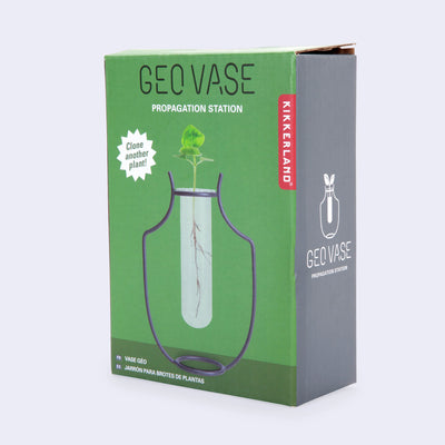 Green and gray box product packaging for a Propogation kit, which includes a glass test tube and a silhouetted vase made of iron.