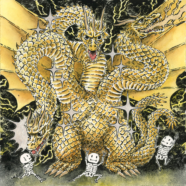 Ink and watercolor illustration of golden Ghidorah, a large 3 headed dragon monster in front of a lightning storm.  3 cartoon skeletons interact in comical ways below. 