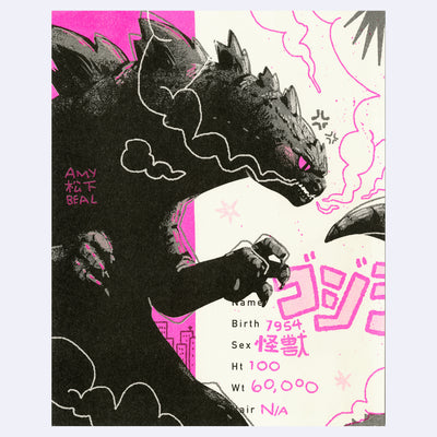 Black and hot pink risograph print on cream colored paper of a large gray Godzilla, standing with its back slightly hunched. Behind it are cartoon doodles with filled out form of it's name, birthday, sex, height, etc.