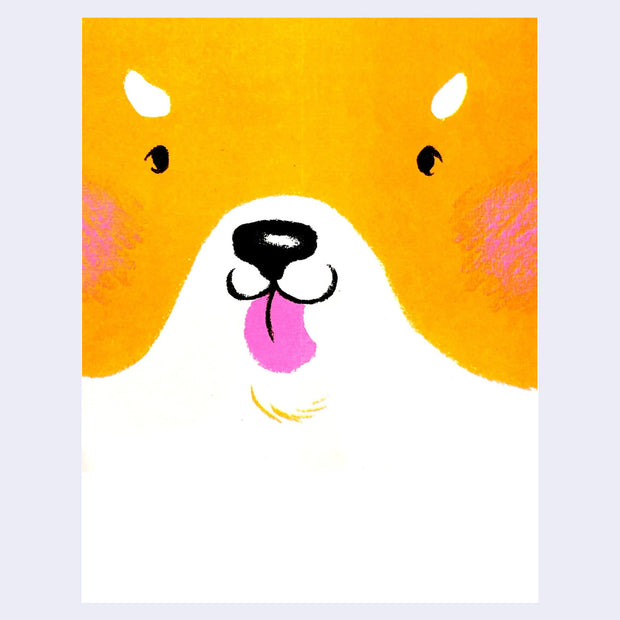 Risograph print of a close up illustration of a cartoon corgi style dog, with its classic yellowish brown coloring and white. It has rosy cheeks and a tongue out.