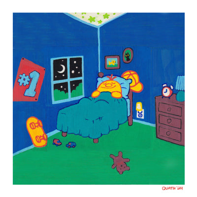 Illustration of a yellow cartoon character laying in a bed in a children's room. It has framed photos on the wall, small toy cars and a night sky visible from a nearby window.