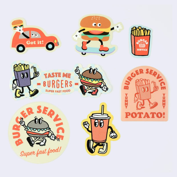 Sticker pack containing 7 different stickers, all within a semi retro themed character design of anthropomorphic fast food items, such as burgers, french fries and sodas.