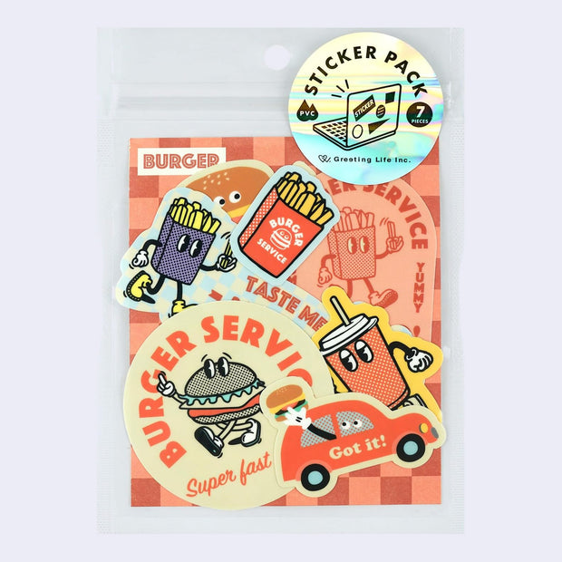 Sticker pack containing 7 different stickers, all within a semi retro themed character design of anthropomorphic fast food items, such as burgers, french fries and sodas.