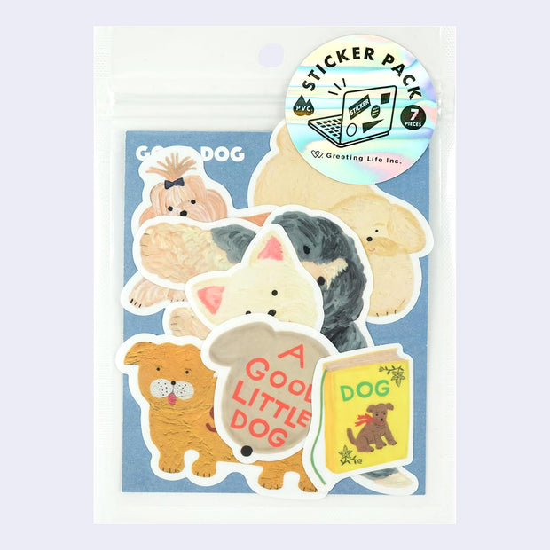 Sticker pack of 7 different illustrated dog themed stickers, depicting various breeds of mostly fluffy dogs and some accessories.