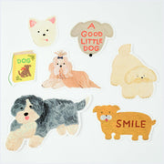 Sticker pack of 7 different illustrated dog themed stickers, depicting various breeds of mostly fluffy dogs and some accessories.