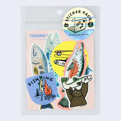 Set of 7 stickers, all illustrated in a similar style of fish, mostly salmon and trout.