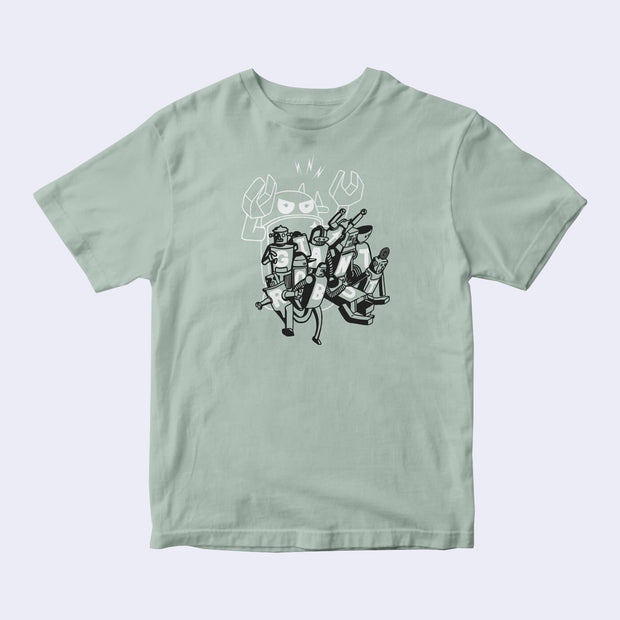 Light sage green t-shirt featuring a black and white illustration on the front. Many robots stumble over each other and march in the same direction. Letters on their stomachs spell "Giant Robot." Behind them, is a large white outlined Big Boss Robot, seemingly commanding them.