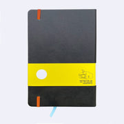 Backside of black pleather notebook with an elastic closure and blue page marking ribbon.