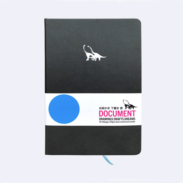 Black pleather notebook with a small embossment of a pair of long necked dinosaurs, in the upper center of journal. Paper sleeve reads "Document Drawings Drafts Dreams."