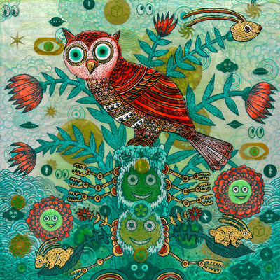 Illustration done mostly in bluish greens, brownish yellows and red of an owl perched atop of a robot with 2 smiling faces and many arms. Background consists of many flowers, leaves and rabbits, along with doodled patterns.