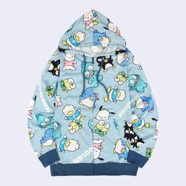 Blue hooded zip up jacket featuring an all over repeating pattern of Sanrio Characters Tuxedosam, Badtz-Maru, Hangyodon, Pochacco, Keroppi, and Pekkle. "Hapidanbui" is written in white font throughout the pattern.